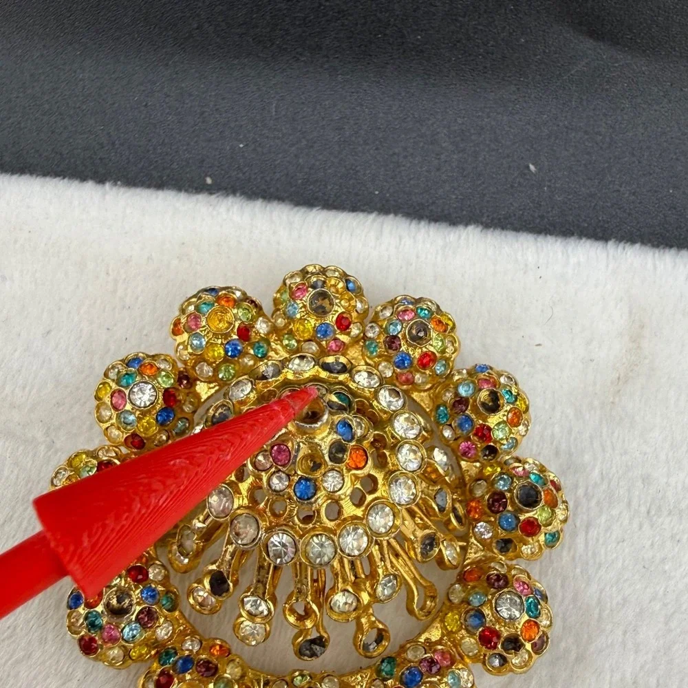 Vintage Rhinestone Dome Brooch Gold Tone Heavy READ